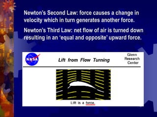 Newton’s Second Law: force causes a change in velocity which in turn generates another force. Newton’s Third Law: net flow of air is turned down resulting in an ‘equal and opposite’ upward force.
