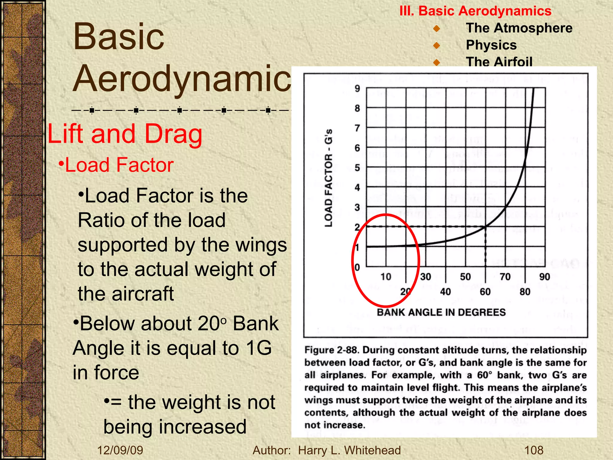 Basic Aerodynamics III. Basic Aerodynamics   The Atmosphere Physics The Airfoil Lift & Drag Stability Large Aircraft Flight Controls Lift and Drag Load Factor Load Factor is the Ratio of the load supported by the wings to the actual weight of the aircraft Below about 20 o  Bank Angle it is equal to 1G in force = the weight is not being increased 