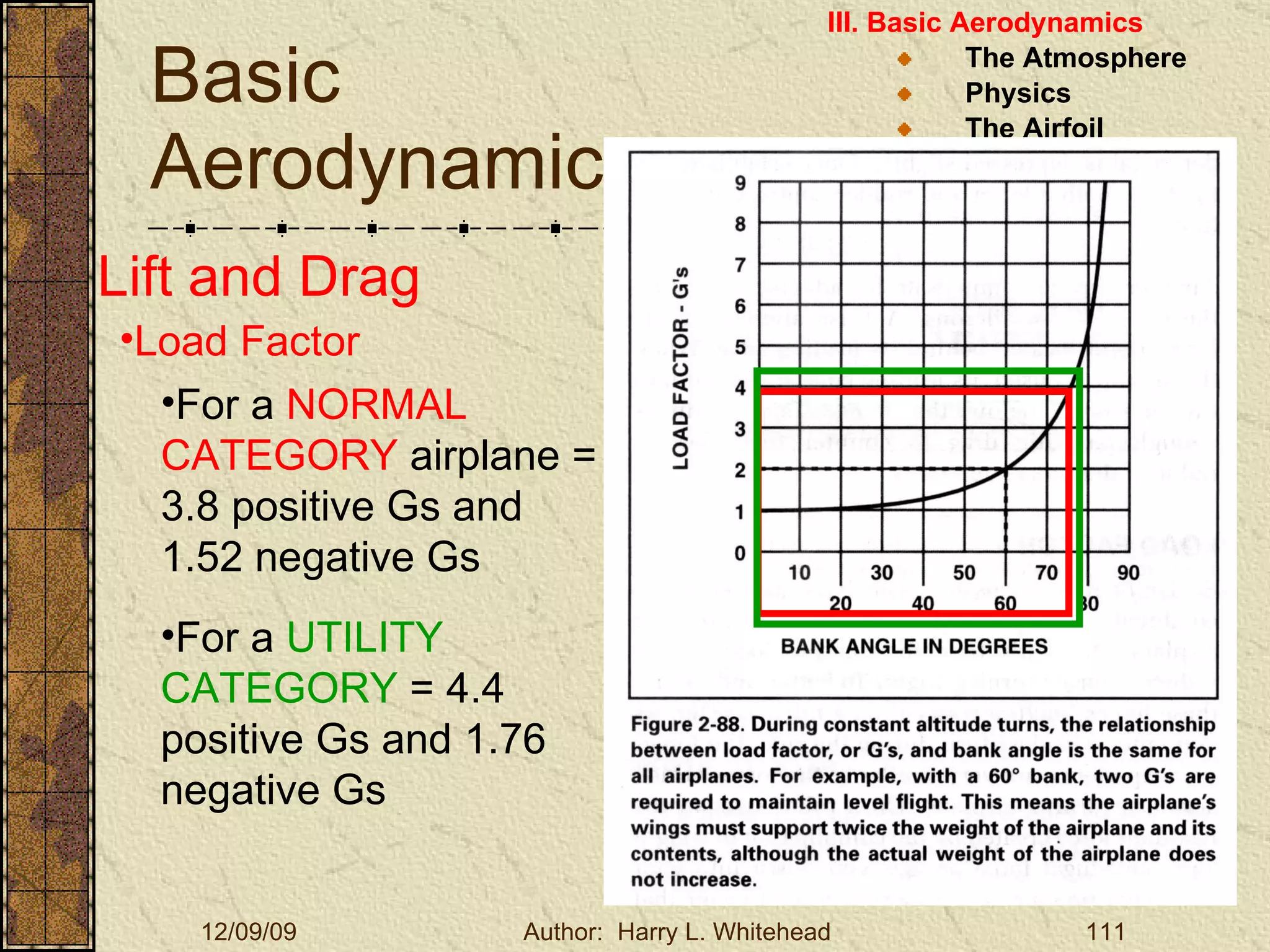 Basic Aerodynamics III. Basic Aerodynamics   The Atmosphere Physics The Airfoil Lift & Drag Stability Large Aircraft Flight Controls Lift and Drag Load Factor For a  NORMAL CATEGORY  airplane = 3.8 positive Gs and 1.52 negative Gs For a  UTILITY CATEGORY  = 4.4 positive Gs and 1.76 negative Gs 