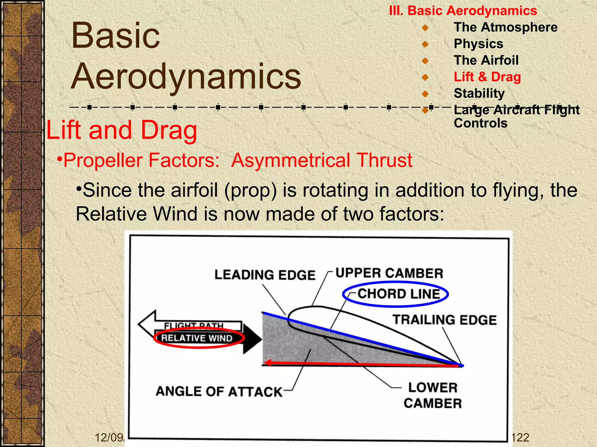 Basic Aerodynamics III. Basic Aerodynamics   The Atmosphere Physics The Airfoil Lift & Drag Stability Large Aircraft Flight Controls Lift and Drag Propeller Factors:  Asymmetrical Thrust Since the airfoil (prop) is rotating in addition to flying, the Relative Wind is now made of two factors: 