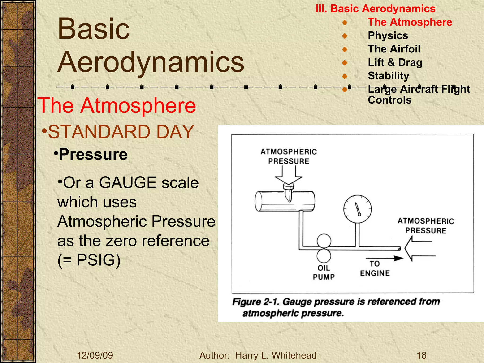 Basic Aerodynamics III. Basic Aerodynamics   The Atmosphere Physics The Airfoil Lift & Drag Stability Large Aircraft Flight Controls The Atmosphere STANDARD DAY  Pressure Or a GAUGE scale which uses Atmospheric Pressure as the zero reference  (= PSIG) 