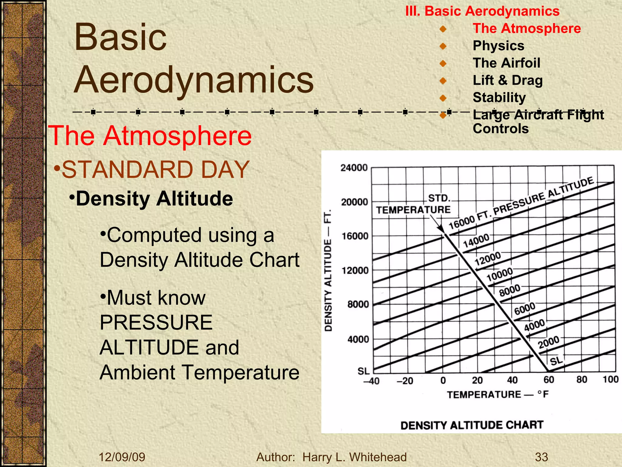 Basic Aerodynamics III. Basic Aerodynamics   The Atmosphere Physics The Airfoil Lift & Drag Stability Large Aircraft Flight Controls The Atmosphere STANDARD DAY  Density Altitude Computed using a Density Altitude Chart Must know PRESSURE ALTITUDE and Ambient Temperature 