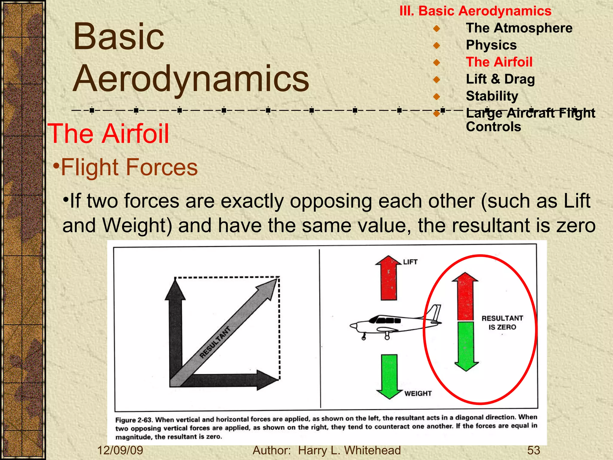 Basic Aerodynamics III. Basic Aerodynamics   The Atmosphere Physics The Airfoil Lift & Drag Stability Large Aircraft Flight Controls The Airfoil Flight Forces If two forces are exactly opposing each other (such as Lift and Weight) and have the same value, the resultant is zero 