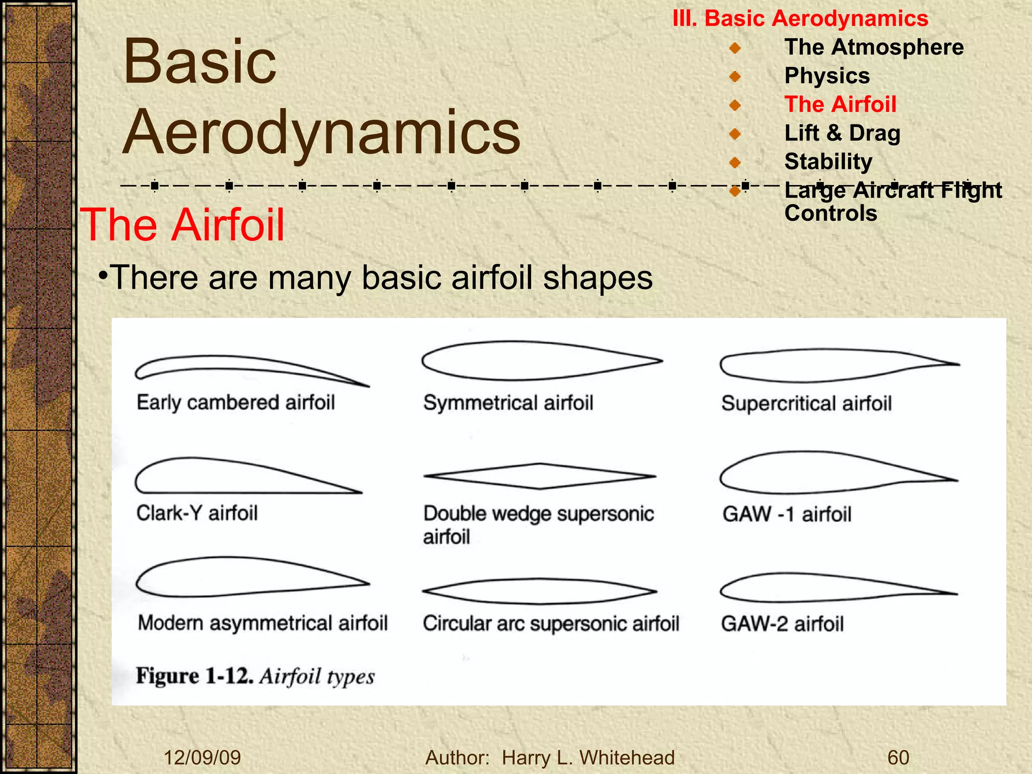 Basic Aerodynamics III. Basic Aerodynamics   The Atmosphere Physics The Airfoil Lift & Drag Stability Large Aircraft Flight Controls The Airfoil There are many basic airfoil shapes 