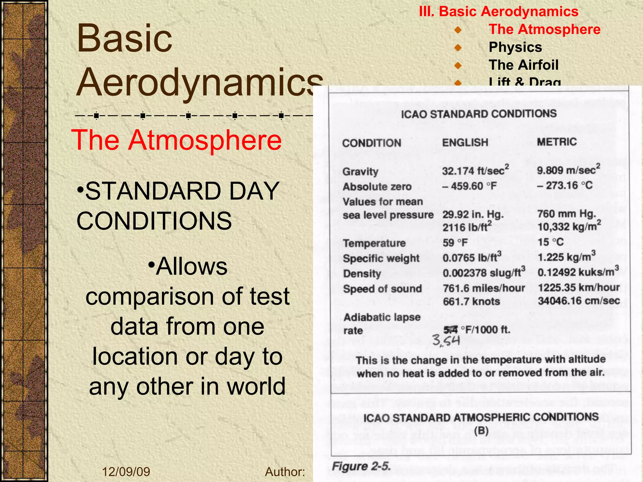 Basic Aerodynamics III. Basic Aerodynamics   The Atmosphere Physics The Airfoil Lift & Drag Stability Large Aircraft Flight Controls The Atmosphere STANDARD DAY CONDITIONS Allows comparison of test data from one location or day to any other in world 
