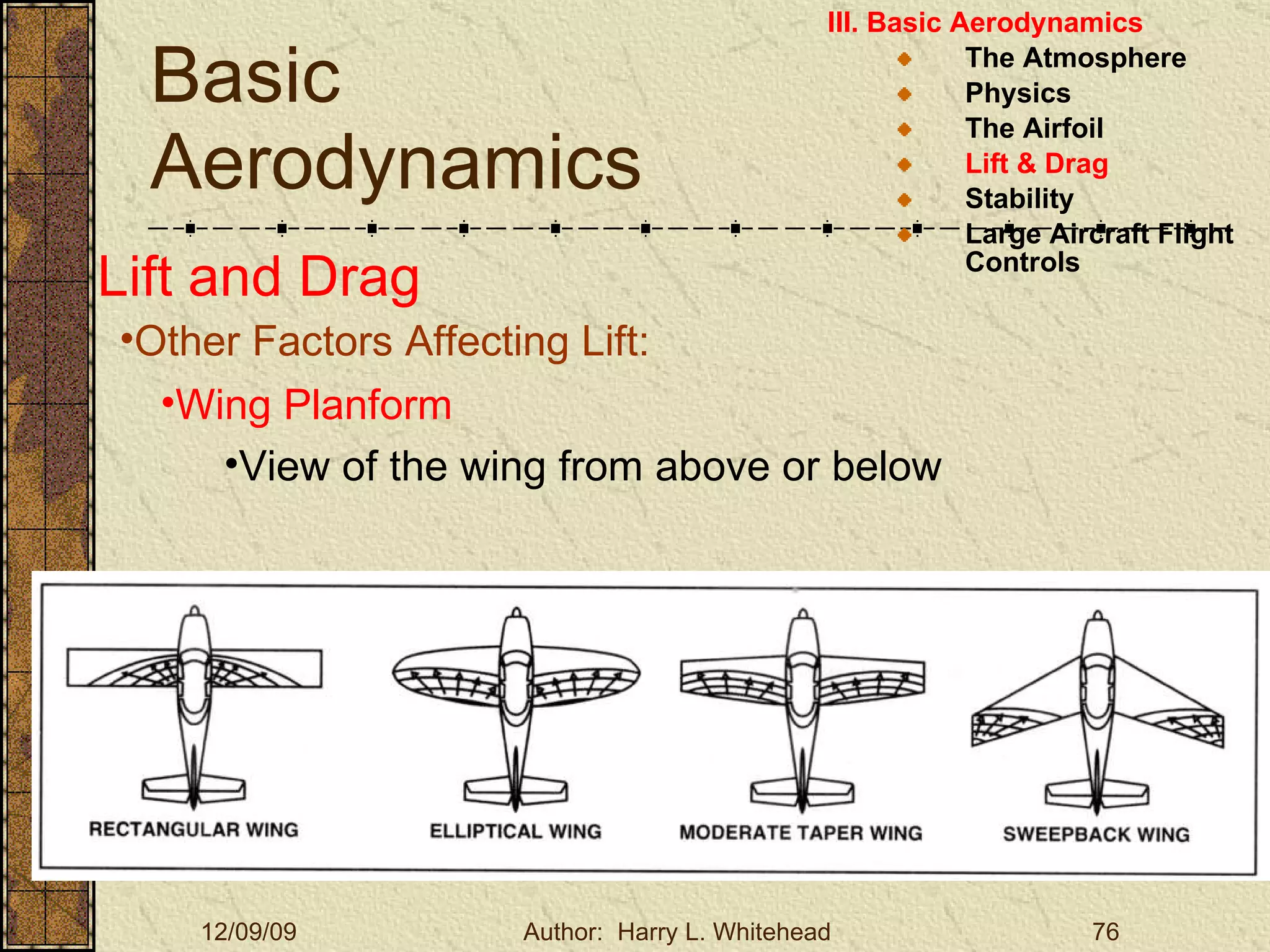Basic Aerodynamics III. Basic Aerodynamics   The Atmosphere Physics The Airfoil Lift & Drag Stability Large Aircraft Flight Controls Lift and Drag Other Factors Affecting Lift: Wing Planform View of the wing from above or below 
