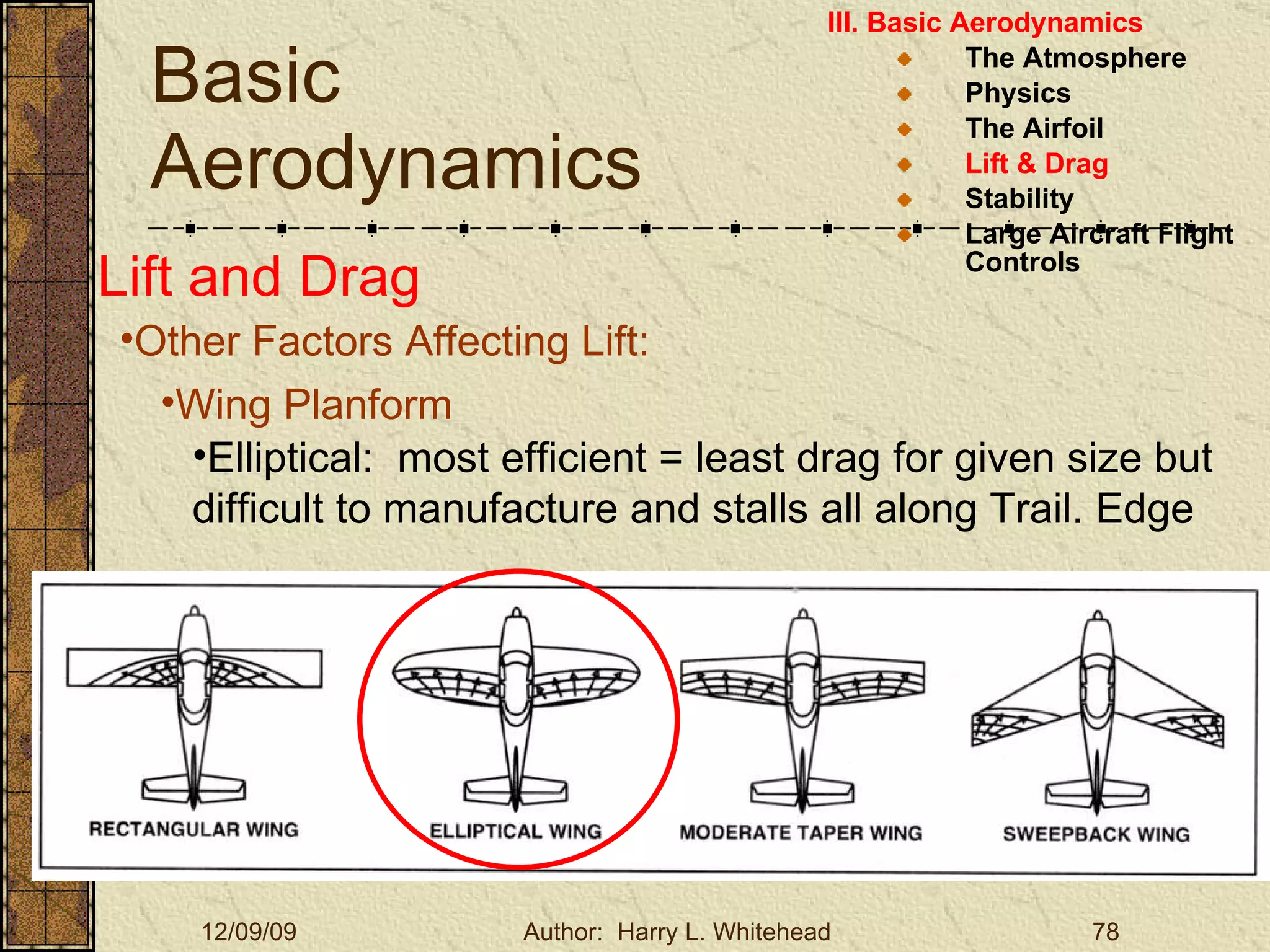 Basic Aerodynamics III. Basic Aerodynamics   The Atmosphere Physics The Airfoil Lift & Drag Stability Large Aircraft Flight Controls Lift and Drag Other Factors Affecting Lift: Wing Planform Elliptical:  most efficient = least drag for given size but difficult to manufacture and stalls all along Trail. Edge 