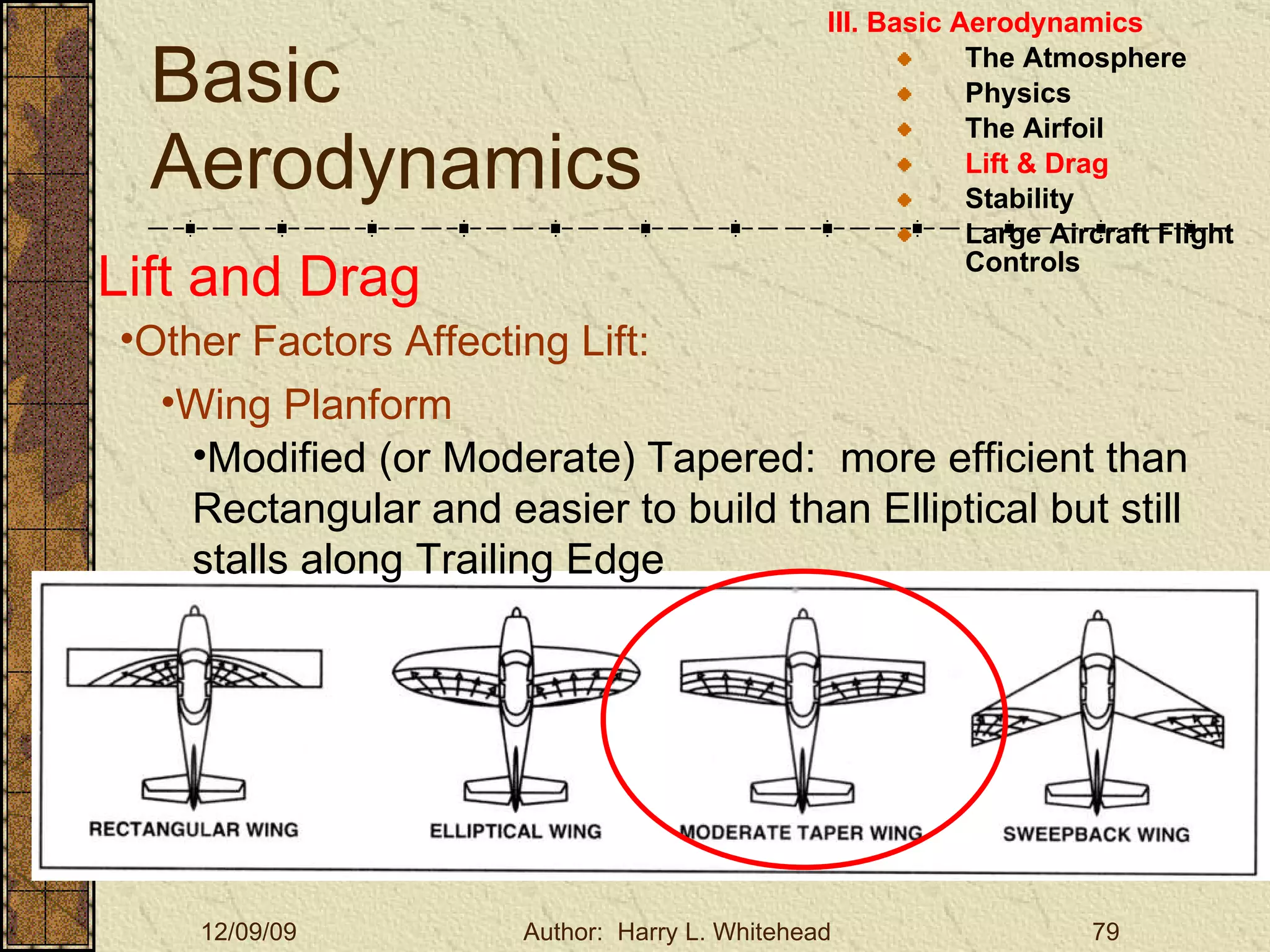 Basic Aerodynamics III. Basic Aerodynamics   The Atmosphere Physics The Airfoil Lift & Drag Stability Large Aircraft Flight Controls Lift and Drag Other Factors Affecting Lift: Wing Planform Modified (or Moderate) Tapered:  more efficient than Rectangular and easier to build than Elliptical but still stalls along Trailing Edge 