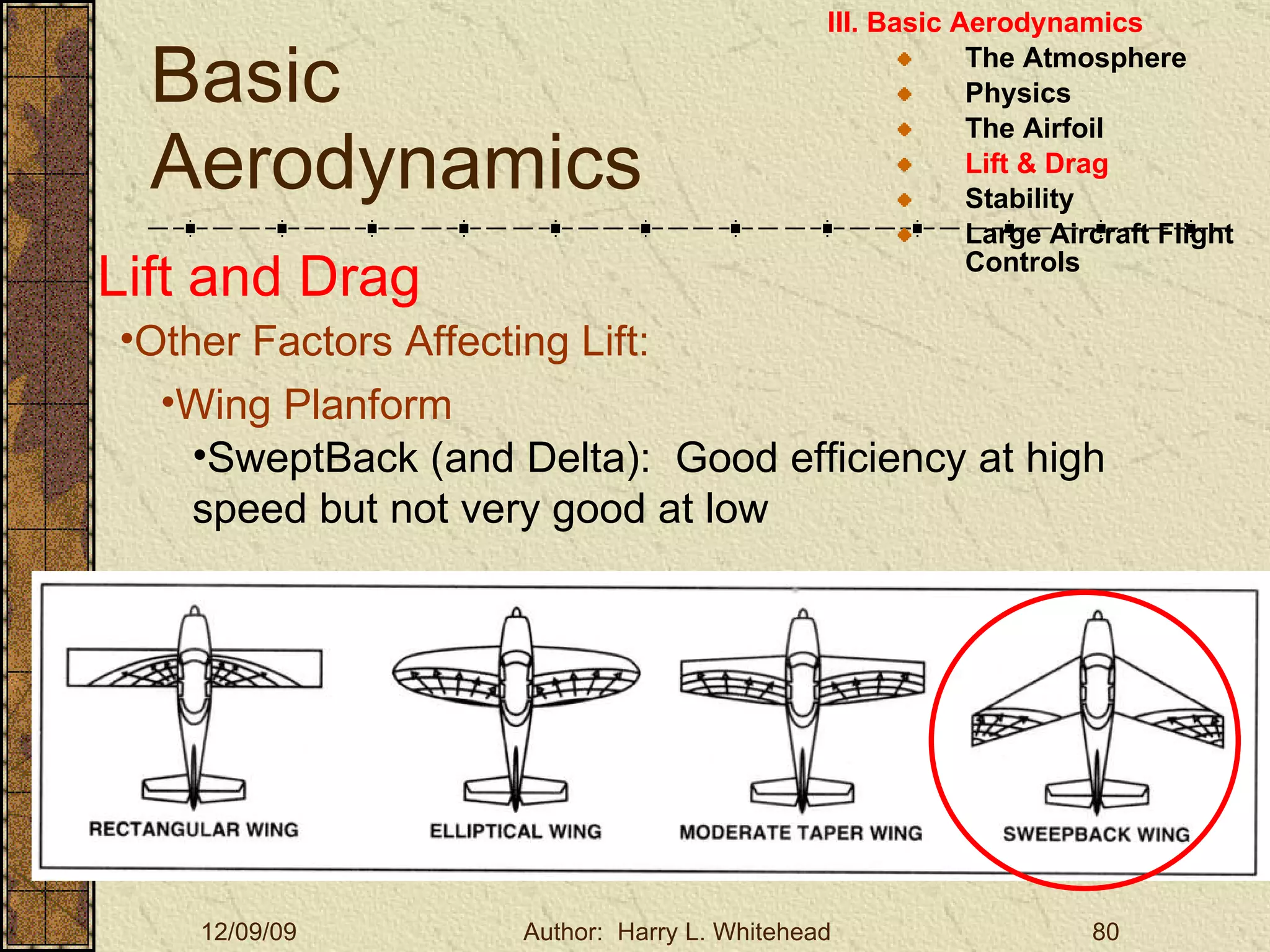 Basic Aerodynamics III. Basic Aerodynamics   The Atmosphere Physics The Airfoil Lift & Drag Stability Large Aircraft Flight Controls Lift and Drag Other Factors Affecting Lift: Wing Planform SweptBack (and Delta):  Good efficiency at high speed but not very good at low 