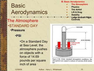 Basic Aerodynamics III. Basic Aerodynamics   The Atmosphere Physics The Airfoil Lift & Drag Stability Large Aircraft Flight Controls The Atmosphere STANDARD DAY  Pressure PSI On a Standard Day at Sea Level, the atmosphere pushes on objects with a force of 14.69 pounds per square inch of area  