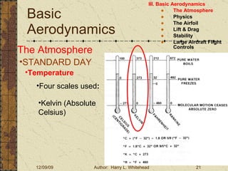 Basic Aerodynamics III. Basic Aerodynamics   The Atmosphere Physics The Airfoil Lift & Drag Stability Large Aircraft Flight Controls The Atmosphere STANDARD DAY  Temperature Four scales used : Kelvin (Absolute Celsius) 