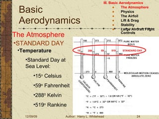 Basic Aerodynamics III. Basic Aerodynamics   The Atmosphere Physics The Airfoil Lift & Drag Stability Large Aircraft Flight Controls The Atmosphere STANDARD DAY  Temperature Standard Day at Sea Level: 15 o  Celsius 59 o  Fahrenheit 288 0  Kelvin 519 o  Rankine 