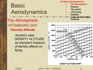 Basic Aerodynamics III. Basic Aerodynamics   The Atmosphere Physics The Airfoil Lift & Drag Stability Large Aircraft Flight Controls The Atmosphere STANDARD DAY  Density Altitude Aviation uses DENSITY ALTITUDE as important measure of density affects on flying 