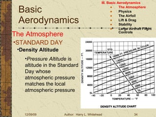 Basic Aerodynamics III. Basic Aerodynamics   The Atmosphere Physics The Airfoil Lift & Drag Stability Large Aircraft Flight Controls The Atmosphere STANDARD DAY  Density Altitude Pressure Altitude  is altitude in the Standard Day whose atmospheric pressure matches the local atmospheric pressure 