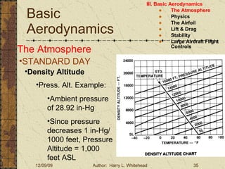 Basic Aerodynamics III. Basic Aerodynamics   The Atmosphere Physics The Airfoil Lift & Drag Stability Large Aircraft Flight Controls The Atmosphere STANDARD DAY  Density Altitude Press. Alt. Example: Ambient pressure of 28.92 in-Hg Since pressure decreases 1 in-Hg/1000 feet, Pressure Altitude = 1,000 feet ASL 
