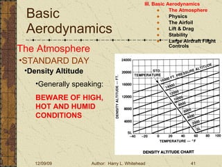 Basic Aerodynamics III. Basic Aerodynamics   The Atmosphere Physics The Airfoil Lift & Drag Stability Large Aircraft Flight Controls The Atmosphere STANDARD DAY  Density Altitude Generally speaking:  BEWARE OF HIGH, HOT AND HUMID CONDITIONS 