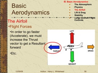 Basic Aerodynamics III. Basic Aerodynamics   The Atmosphere Physics The Airfoil Lift & Drag Stability Large Aircraft Flight Controls The Airfoil Flight Forces In order to go faster (Accelerate), we must increase the Thrust vector to get a Resultant forward Etc. 