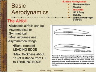 Basic Aerodynamics III. Basic Aerodynamics   The Atmosphere Physics The Airfoil Lift & Drag Stability Large Aircraft Flight Controls The Airfoil Subsonic airfoils can be Asymmetrical or Symmetrical Most airplanes use Asymmetrical wings Blunt, rounded LEADING EDGE Max. thickness about 1/3 of distance from L.E. to TRAILING EDGE 