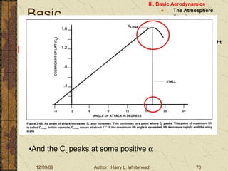 Basic Aerodynamics III. Basic Aerodynamics   The Atmosphere Physics The Airfoil Lift & Drag Stability Large Aircraft Flight Controls Lift and Drag In order to generate Lift, an Airfoil must have an  ANGLE OF ATTACK (  ) And the C L  peaks at some positive   