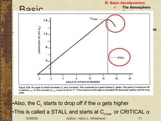 Basic Aerodynamics III. Basic Aerodynamics   The Atmosphere Physics The Airfoil Lift & Drag Stability Large Aircraft Flight Controls The Airfoil In order to generate Lift, an Airfoil must have an  ANGLE OF ATTACK (  ) Also, the C L  starts to drop off if the    gets higher This is called a STALL and starts at C Lmax  or CRITICAL   