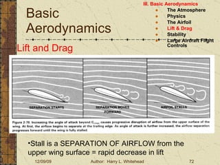 Basic Aerodynamics III. Basic Aerodynamics   The Atmosphere Physics The Airfoil Lift & Drag Stability Large Aircraft Flight Controls Lift and Drag In order to generate Lift, an Airfoil must have an  ANGLE OF ATTACK (  ) Stall is a SEPARATION OF AIRFLOW from the upper wing surface = rapid decrease in lift  