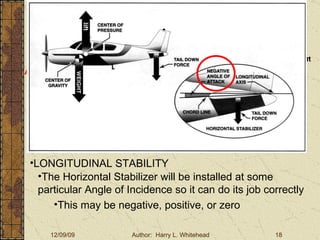 Basic Aerodynamics III. Basic Aerodynamics   The Atmosphere Physics The Airfoil Lift & Drag Stability Large Aircraft Flight Controls Aircraft Stability Stability:  About the Aircraft Axes LONGITUDINAL STABILITY The Horizontal Stabilizer will be installed at some particular Angle of Incidence so it can do its job correctly This may be negative, positive, or zero 
