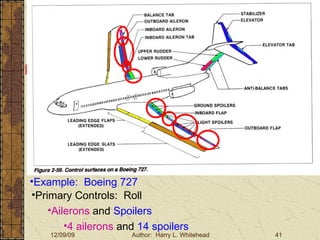 Basic Aerodynamics III. Basic Aerodynamics   The Atmosphere Physics The Airfoil Lift & Drag Stability Large Aircraft Flight Controls Large Aircraft Controls Example:  Boeing 727 Primary Controls:  Roll Ailerons  and  Spoilers 4 ailerons  and  14 spoilers 