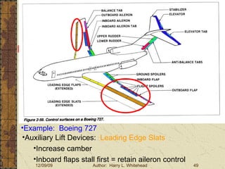 Basic Aerodynamics III. Basic Aerodynamics   The Atmosphere Physics The Airfoil Lift & Drag Stability Large Aircraft Flight Controls Large Aircraft Controls Example:  Boeing 727 Auxiliary Lift Devices:  Leading Edge Slats Increase camber Inboard flaps stall first = retain aileron control 