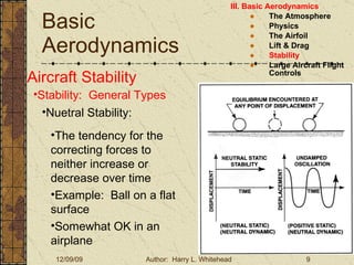 Basic Aerodynamics III. Basic Aerodynamics   The Atmosphere Physics The Airfoil Lift & Drag Stability Large Aircraft Flight Controls Aircraft Stability Stability:  General Types The tendency for the correcting forces to neither increase or decrease over time Example:  Ball on a flat surface Somewhat OK in an airplane Nuetral Stability: 