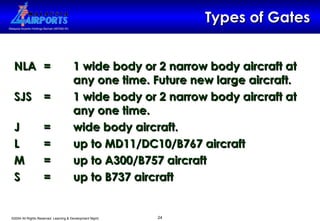 Types of Gates NLA = 1 wide body or 2 narrow body aircraft at  any one time. Future new large aircraft. SJS = 1 wide body or 2 narrow body aircraft at  any one time. J = wide body aircraft.  L  =  up to MD11/DC10/B767 aircraft M =  up to A300/B757 aircraft S = up to B737 aircraft 