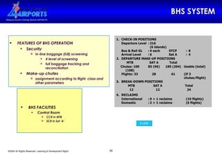 BHS SYSTEM FEATURES OF BHS OPERATION  Security In-line baggage (ILB) screening 4 level of screening full baggage tracking and reconciliation Make-up chutes assignment according to flight, class and other parameters BHS FACILITIES   Control Room CCR in MTB SCR in Sat ‘A’ FLOW 
