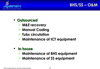 Outsourced M&E recovery Manual Coding Tubs circulation Maintenance of ICT equipment  In house Maintenance of BHS equipment Maintenance of SS equipment BHS/SS – O&M 