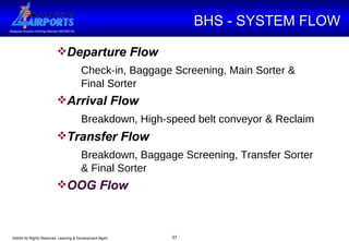 BHS - SYSTEM FLOW Departure Flow Check-in, Baggage Screening, Main Sorter & Final Sorter Arrival Flow Breakdown, High-speed belt conveyor & Reclaim Transfer Flow Breakdown, Baggage Screening, Transfer Sorter & Final Sorter OOG Flow 