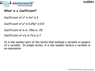 © 2019 eTutorWorld. All rights reserved.
ALGEBRA
What is a Coefficient?
Coefficient of x2 in 3x2 is 3
Coefficient of y9 in 0.25y9 is 0.9
Coefficient of m in -25m is -25
Coefficient of x2y in 7x2y is 7
It is the number part of the terms that multiply a variable or powers
of a variable . In simple terms, it is the number before a variable in
an expression
 