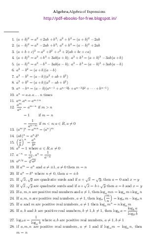 1. (a + b)2
= a2
+ 2ab + b2
; a2
+ b2
= (a + b)2
− 2ab
2. (a − b)2
= a2
− 2ab + b2
; a2
+ b2
= (a − b)2
+ 2ab
3. (a + b + c)2
= a2
+ b2
+ c2
+ 2(ab + bc + ca)
4. (a + b)3
= a3
+ b3
+ 3ab(a + b); a3
+ b3
= (a + b)3
− 3ab(a + b)
5. (a − b)3
= a3
− b3
− 3ab(a − b); a3
− b3
= (a − b)3
+ 3ab(a − b)
6. a2
− b2
= (a + b)(a − b)
7. a3
− b3
= (a − b)(a2
+ ab + b2
)
8. a3
+ b3
= (a + b)(a2
− ab + b2
)
9. an
− bn
= (a − b)(an−1
+ an−2
b + an−3
b2
+ · · · + bn−1
)
10. an
= a.a.a . . . n times
11. am
.an
= am+n
12.
am
an
= am−n
if m > n
= 1 if m = n
=
1
an−m
if m < n; a ∈ R, a ?= 0
13. (am
)n
= amn
= (an
)m
14. (ab)n
= an
.bn
15.
?a
b
?n
=
an
bn
16. a0
= 1 where a ∈ R, a ?= 0
17. a−n
=
1
an
, an
=
1
a−n
18. ap/q
= q
√
ap
19. If am
= an
and a ?= ±1, a ?= 0 then m = n
20. If an
= bn
where n ?= 0, then a = ±b
21. If
√
x,
√
y are quadratic surds and if a +
√
x =
√
y, then a = 0 and x = y
22. If
√
x,
√
y are quadratic surds and if a +
√
x = b +
√
y then a = b and x = y
23. If a, m, n are positive real numbers and a ?= 1, then loga mn = loga m+loga n
24. If a, m, n are positive real numbers, a ?= 1, then loga
?m
n
?
= loga m−loga n
25. If a and m are positive real numbers, a ?= 1 then loga mn
= n loga m
26. If a, b and k are positive real numbers, b ?= 1, k ?= 1, then logb a =
logk a
logk b
27. logb a =
1
loga b
where a, b are positive real numbers, a ?= 1, b ?= 1
28. if a, m, n are positive real numbers, a ?= 1 and if loga m = loga n, then
m = n
Algebra,Algebra of Expressions
http://pdf-ebooks-for-free.blogspot.in/
 