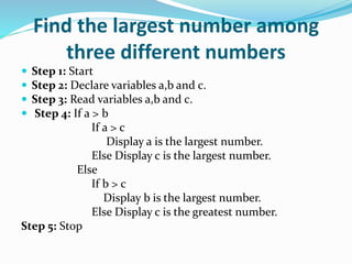 Find the largest number among
three different numbers
 Step 1: Start
 Step 2: Declare variables a,b and c.
 Step 3: Read variables a,b and c.
 Step 4: If a > b
If a > c
Display a is the largest number.
Else Display c is the largest number.
Else
If b > c
Display b is the largest number.
Else Display c is the greatest number.
Step 5: Stop
 
