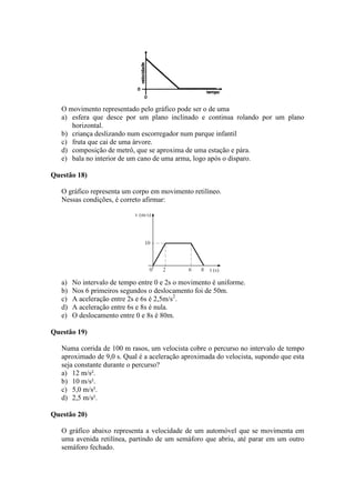 O movimento representado pelo gráfico pode ser o de uma
a) esfera que desce por um plano inclinado e continua rolando por um plano
horizontal.
b) criança deslizando num escorregador num parque infantil
c) fruta que cai de uma árvore.
d) composição de metrô, que se aproxima de uma estação e pára.
e) bala no interior de um cano de uma arma, logo após o disparo.
Questão 18)
O gráfico representa um corpo em movimento retilíneo.
Nessas condições, é correto afirmar:
a) No intervalo de tempo entre 0 e 2s o movimento é uniforme.
b) Nos 6 primeiros segundos o deslocamento foi de 50m.
c) A aceleração entre 2s e 6s é 2,5m/s2
.
d) A aceleração entre 6s e 8s é nula.
e) O deslocamento entre 0 e 8s é 80m.
Questão 19)
Numa corrida de 100 m rasos, um velocista cobre o percurso no intervalo de tempo
aproximado de 9,0 s. Qual é a aceleração aproximada do velocista, supondo que esta
seja constante durante o percurso?
a) 12 m/s².
b) 10 m/s².
c) 5,0 m/s².
d) 2,5 m/s².
Questão 20)
O gráfico abaixo representa a velocidade de um automóvel que se movimenta em
uma avenida retilínea, partindo de um semáforo que abriu, até parar em um outro
semáforo fechado.
 