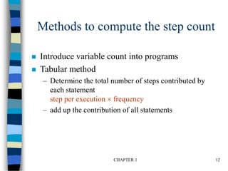 CHAPTER 1 12
Methods to compute the step count
 Introduce variable count into programs
 Tabular method
– Determine the total number of steps contributed by
each statement
step per execution  frequency
– add up the contribution of all statements
 