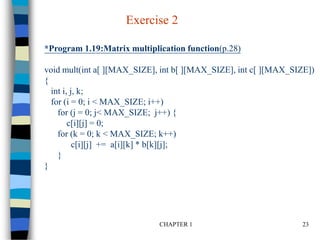 CHAPTER 1 23
*Program 1.19:Matrix multiplication function(p.28)
void mult(int a[ ][MAX_SIZE], int b[ ][MAX_SIZE], int c[ ][MAX_SIZE])
{
int i, j, k;
for (i = 0; i < MAX_SIZE; i++)
for (j = 0; j< MAX_SIZE; j++) {
c[i][j] = 0;
for (k = 0; k < MAX_SIZE; k++)
c[i][j] += a[i][k] * b[k][j];
}
}
Exercise 2
 