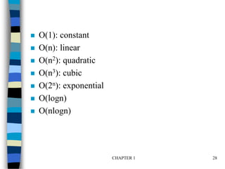 CHAPTER 1 28
 O(1): constant
 O(n): linear
 O(n2): quadratic
 O(n3): cubic
 O(2n): exponential
 O(logn)
 O(nlogn)
 