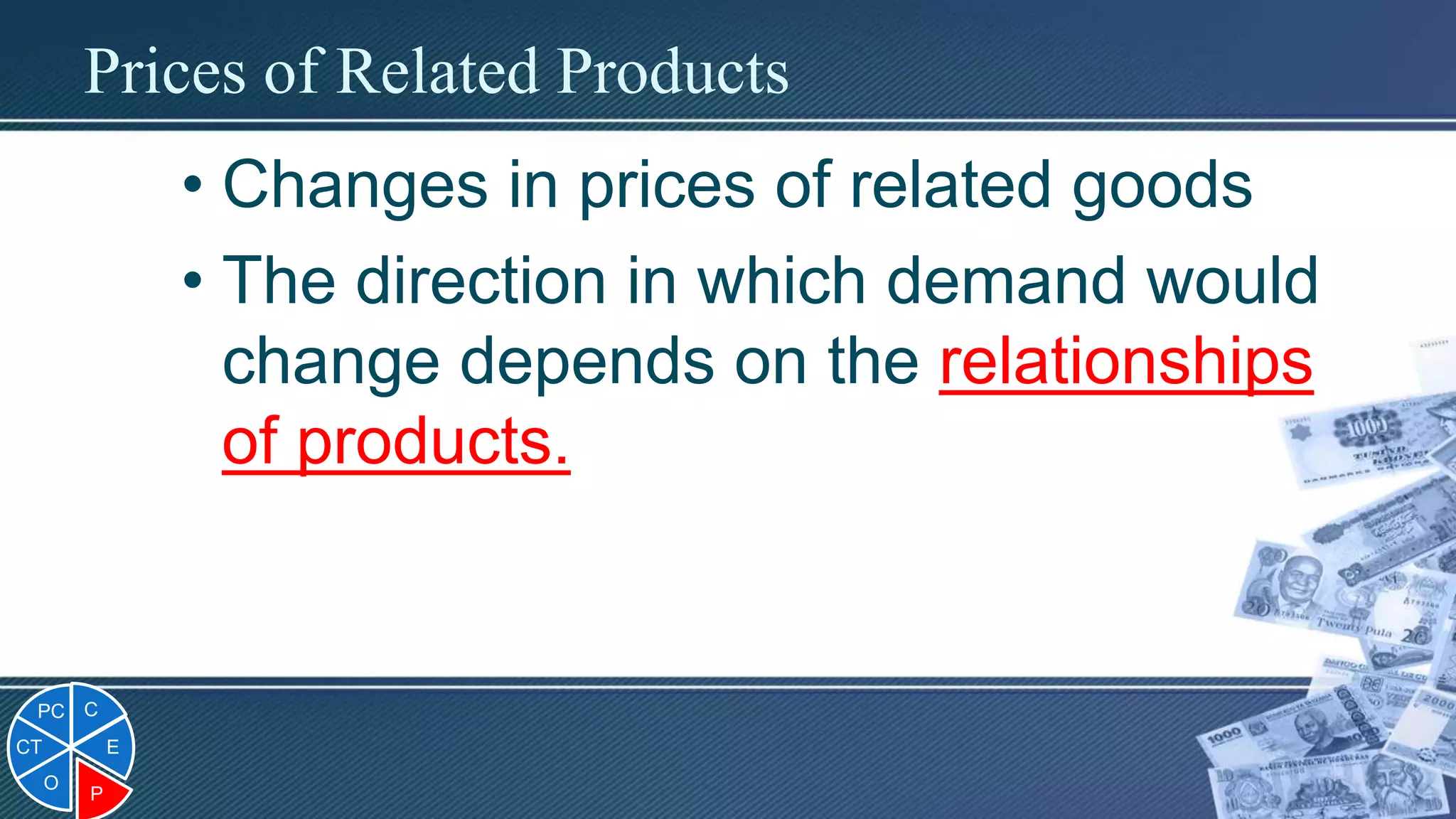 Prices of Related Products
• Changes in prices of related goods
• The direction in which demand would
change depends on the relationships
of products.
C
E
P
O
CT
PC
 