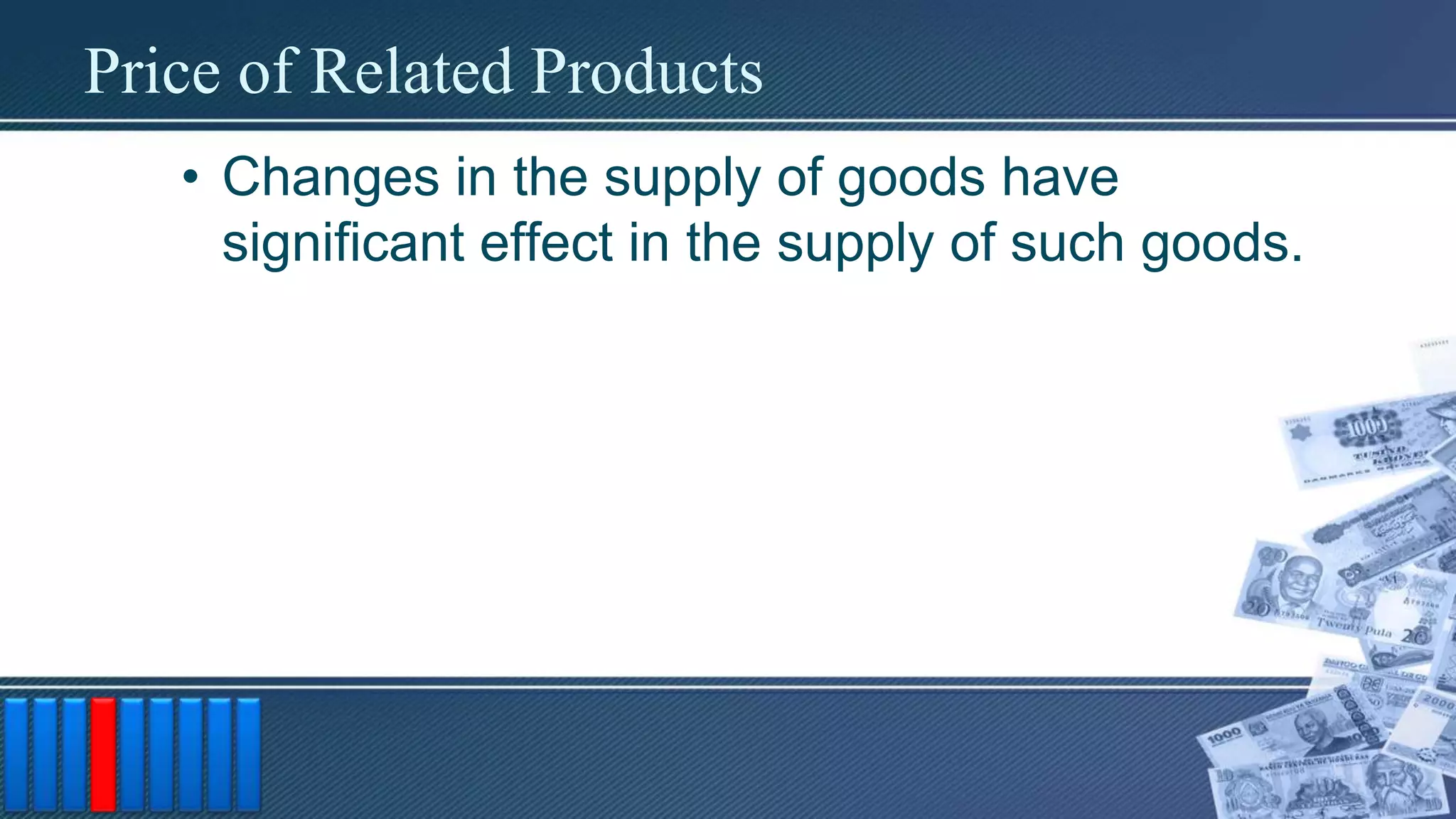 Price of Related Products
• Changes in the supply of goods have
significant effect in the supply of such goods.
 