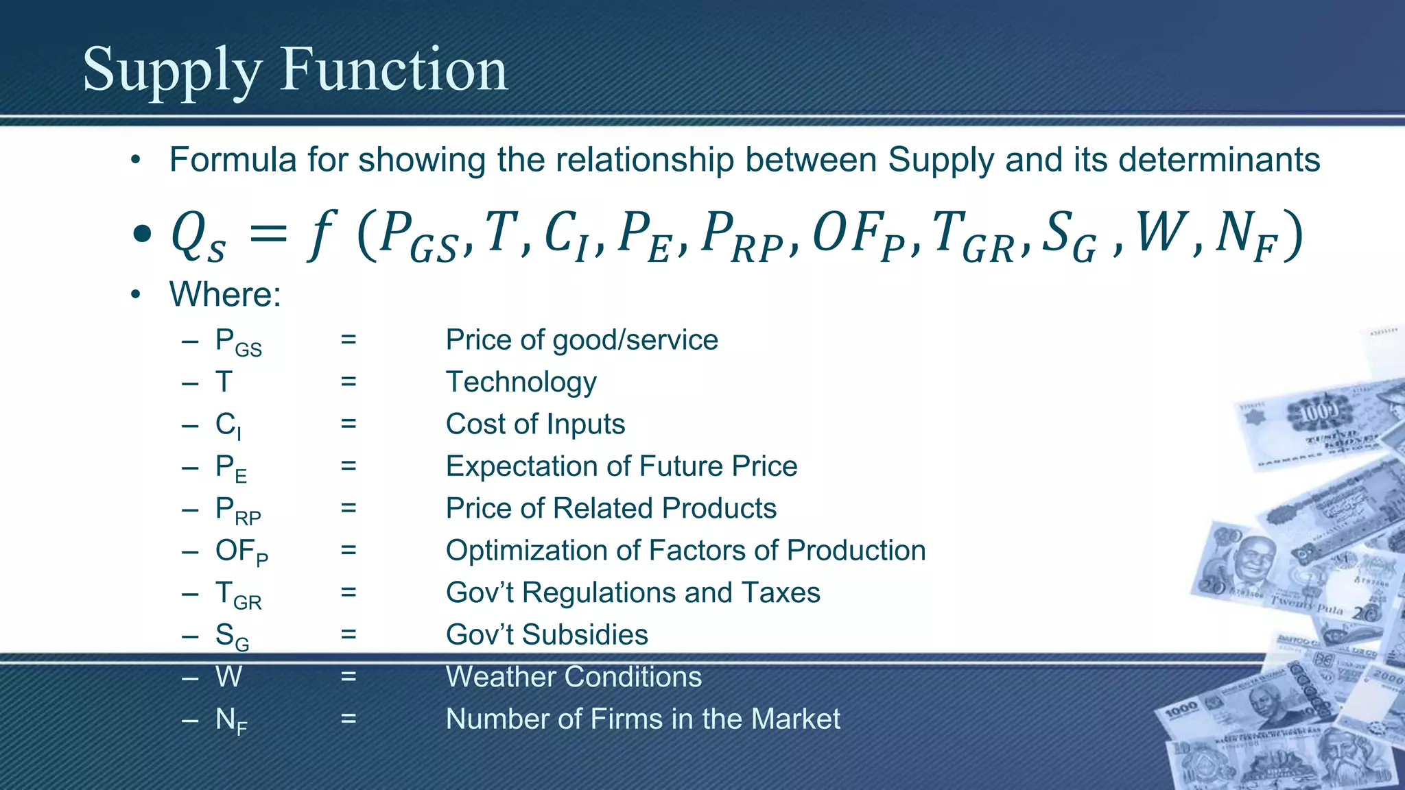 Supply Function
• Formula for showing the relationship between Supply and its determinants
• 𝑄𝑠 = 𝑓 (𝑃𝐺𝑆, 𝑇, 𝐶𝐼, 𝑃𝐸, 𝑃𝑅𝑃, 𝑂𝐹𝑃, 𝑇𝐺𝑅, 𝑆 𝐺 , 𝑊, 𝑁𝐹)
• Where:
– PGS = Price of good/service
– T = Technology
– CI = Cost of Inputs
– PE = Expectation of Future Price
– PRP = Price of Related Products
– OFP = Optimization of Factors of Production
– TGR = Gov’t Regulations and Taxes
– SG = Gov’t Subsidies
– W = Weather Conditions
– NF = Number of Firms in the Market
 