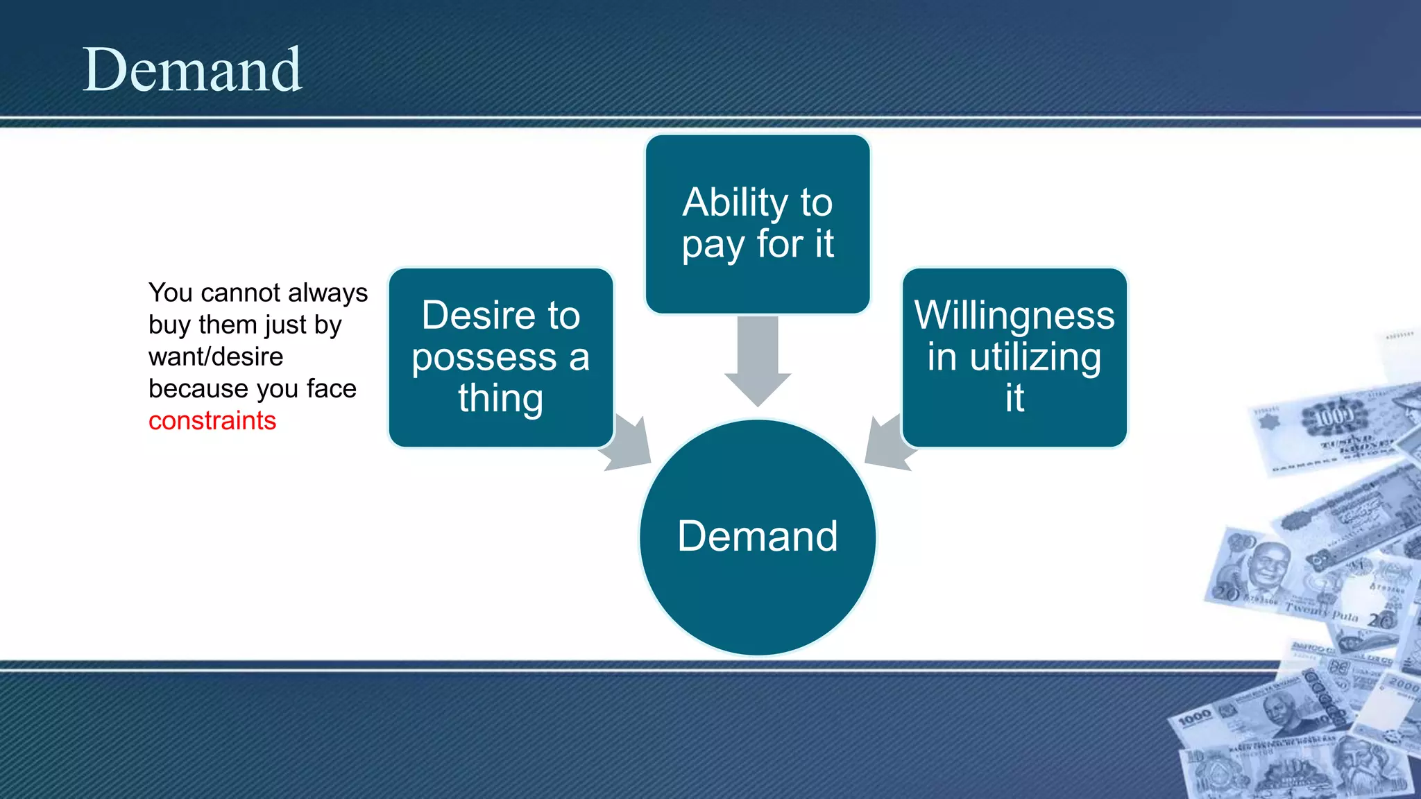 Demand
Demand
Desire to
possess a
thing
Ability to
pay for it
Willingness
in utilizing
it
You cannot always
buy them just by
want/desire
because you face
constraints
 