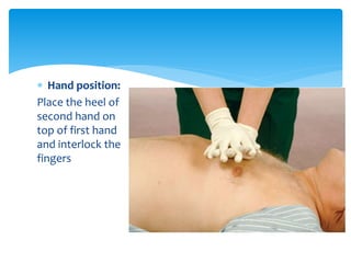  Hand position:
Place the heel of
second hand on
top of first hand
and interlock the
fingers
 