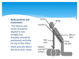  Body position and
movement:
• The elbows and
wrists should be
aligned in one
straight line,
shoulder should be
positioned vertically
on top of the chest.
• Waist area s/b above
the level of pt. chest.
 