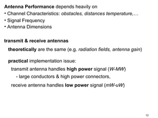 Antenna Performance depends heavily on
• Channel Characteristics: obstacles, distances temperature,…
• Signal Frequency
• Antenna Dimensions
transmit & receive antennas
theoretically are the same (e.g. radiation fields, antenna gain)
practical implementation issue:
transmit antenna handles high power signal (W-MW)
- large conductors & high power connectors,
receive antenna handles low power signal (mW-uW)

12

 