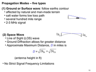 Propagation Modes – five types
(1) Ground or Surface wave: follow earths contour
• affected by natural and man-made terrain
• salt water forms low loss path
• several hundred mile range
• 2-3 MHz signal

htx
(2) Space Wave
• Line of Sight (LOS) wave
• Ground Diffraction allows for greater distance
• Approximate Maximum Distance, D in miles is

hrx

D = 2htx + 2hrx
(antenna height in ft)
• No Strict Signal Frequency Limitations
13

 