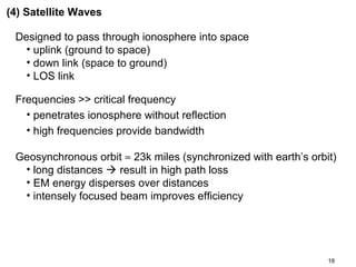 (4) Satellite Waves
Designed to pass through ionosphere into space
• uplink (ground to space)
• down link (space to ground)
• LOS link
Frequencies >> critical frequency
• penetrates ionosphere without reflection
• high frequencies provide bandwidth
Geosynchronous orbit ≈ 23k miles (synchronized with earth’s orbit)
• long distances  result in high path loss
• EM energy disperses over distances
• intensely focused beam improves efficiency

18

 