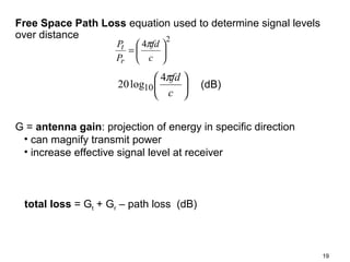 Free Space Path Loss equation used to determine signal levels
over distance
2
Pt  4πfd 
=

Pr  c 

 4πfd 
20 log10 

 c 

(dB)

G = antenna gain: projection of energy in specific direction
• can magnify transmit power
• increase effective signal level at receiver

total loss = Gt + Gr – path loss (dB)

19

 
